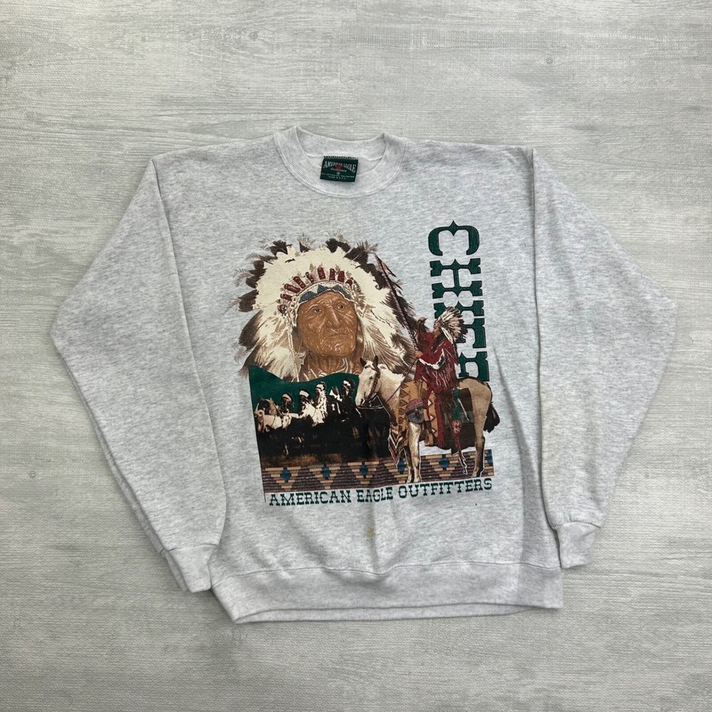 Vintage 90s American Eagle Native American Sweatshirt Size Medium Gray Nature - Picture 1 of 8